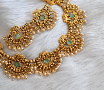 Antique gold pearl Elephant round sea green stone necklace set dj-38701