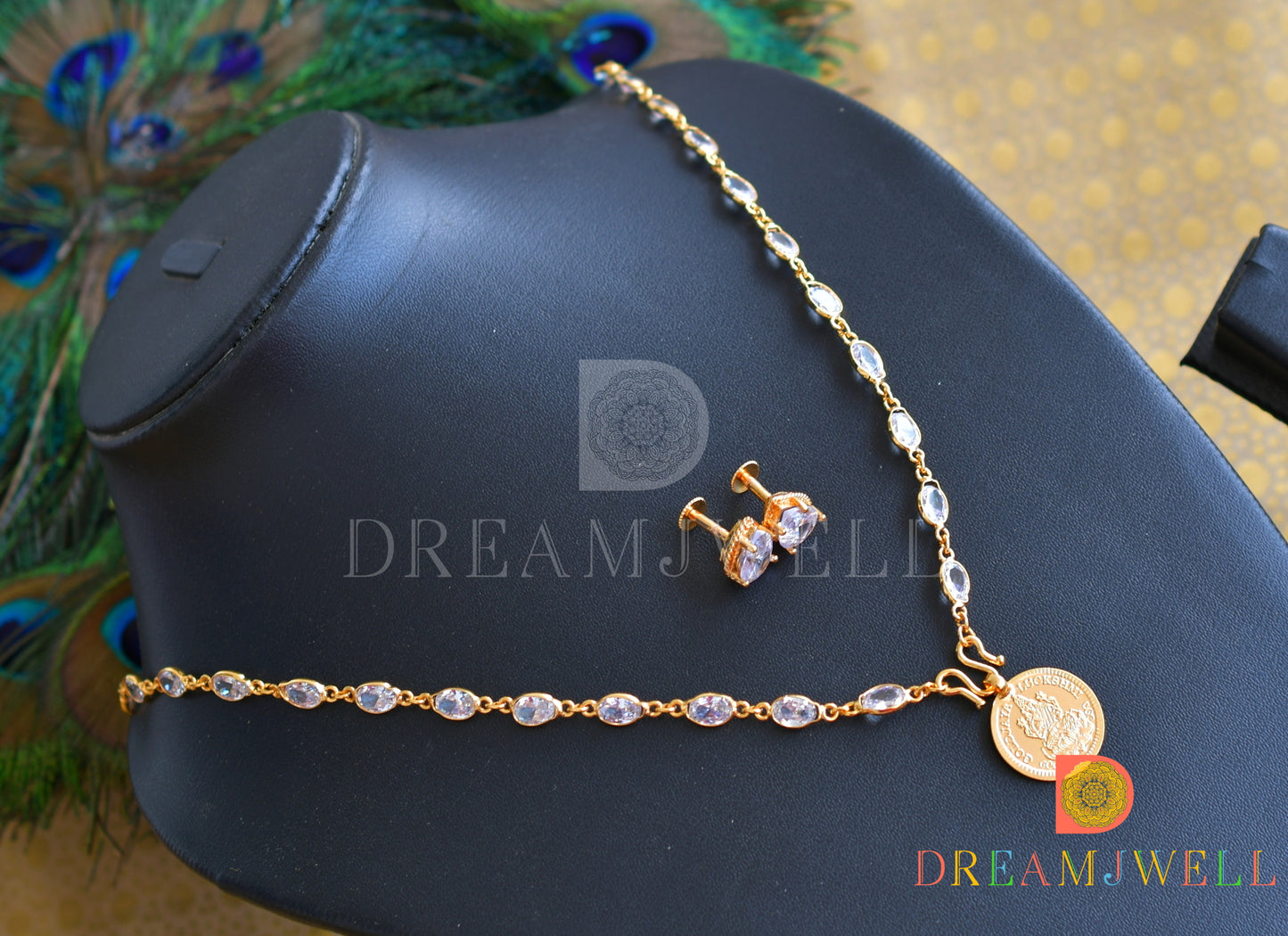 Gold tone White stone chain with Lakshmi coin pendant set dj-36327