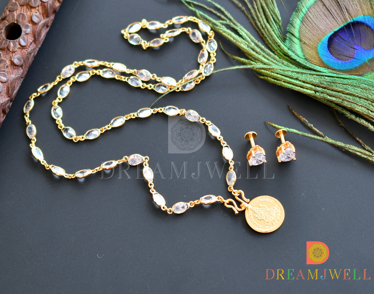 Gold tone White stone chain with Lakshmi coin pendant set dj-36327