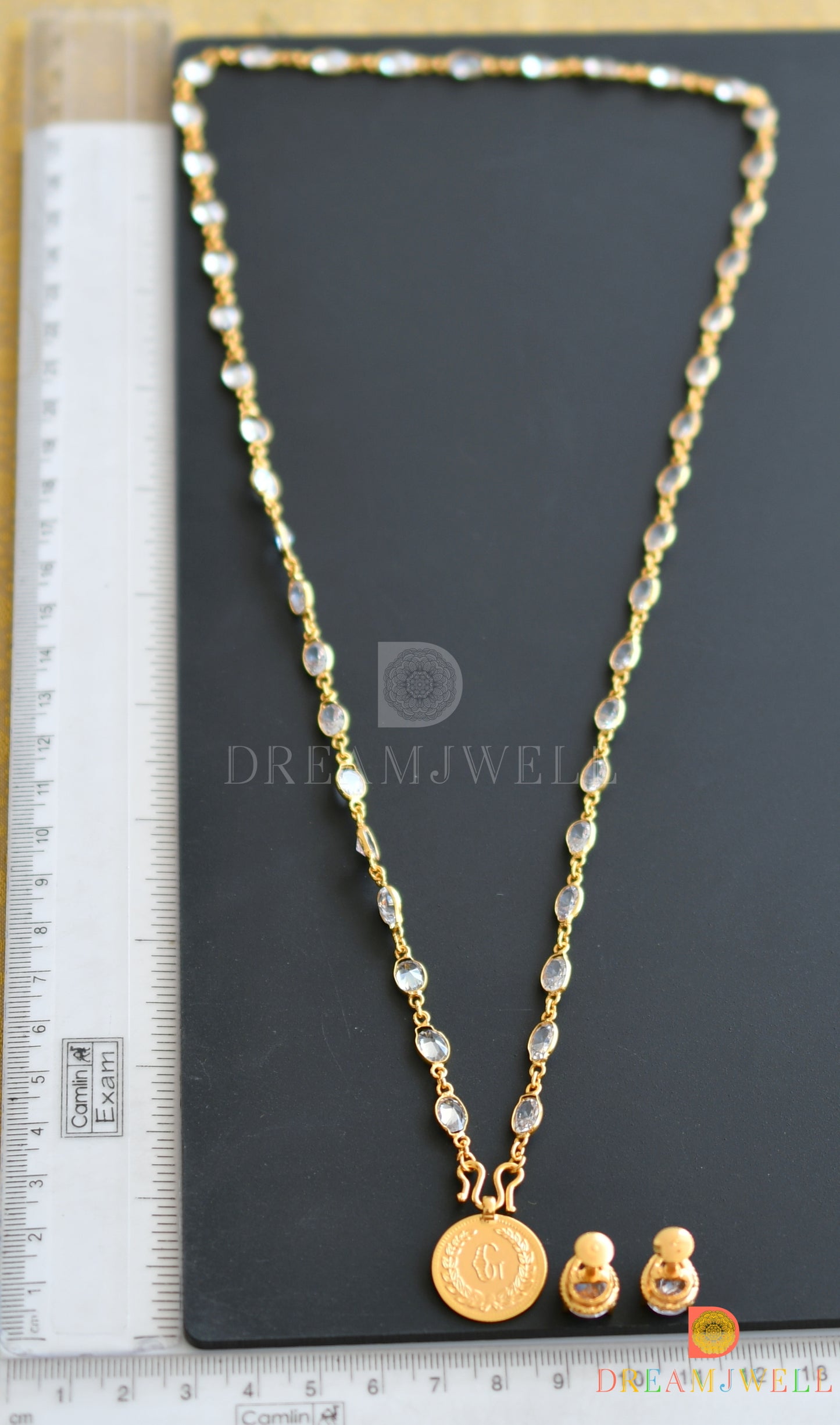 Gold tone White stone chain with Lakshmi coin pendant set dj-36327