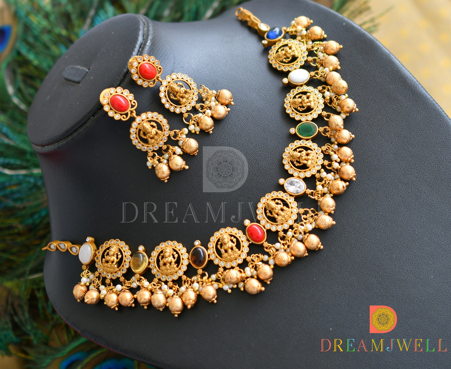 Matte finish navarathna lakshmi designer necklace set dj-34477