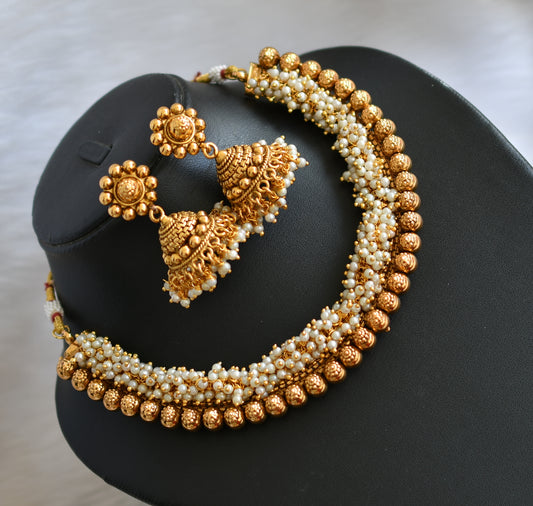 Antique gold tone pearl cluster necklace set dj-34000