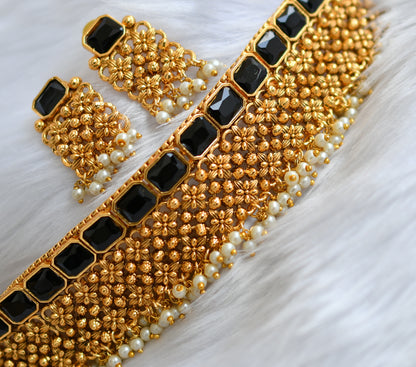 Antique gold tone pearl cluster black block stone choker necklace set dj-38705