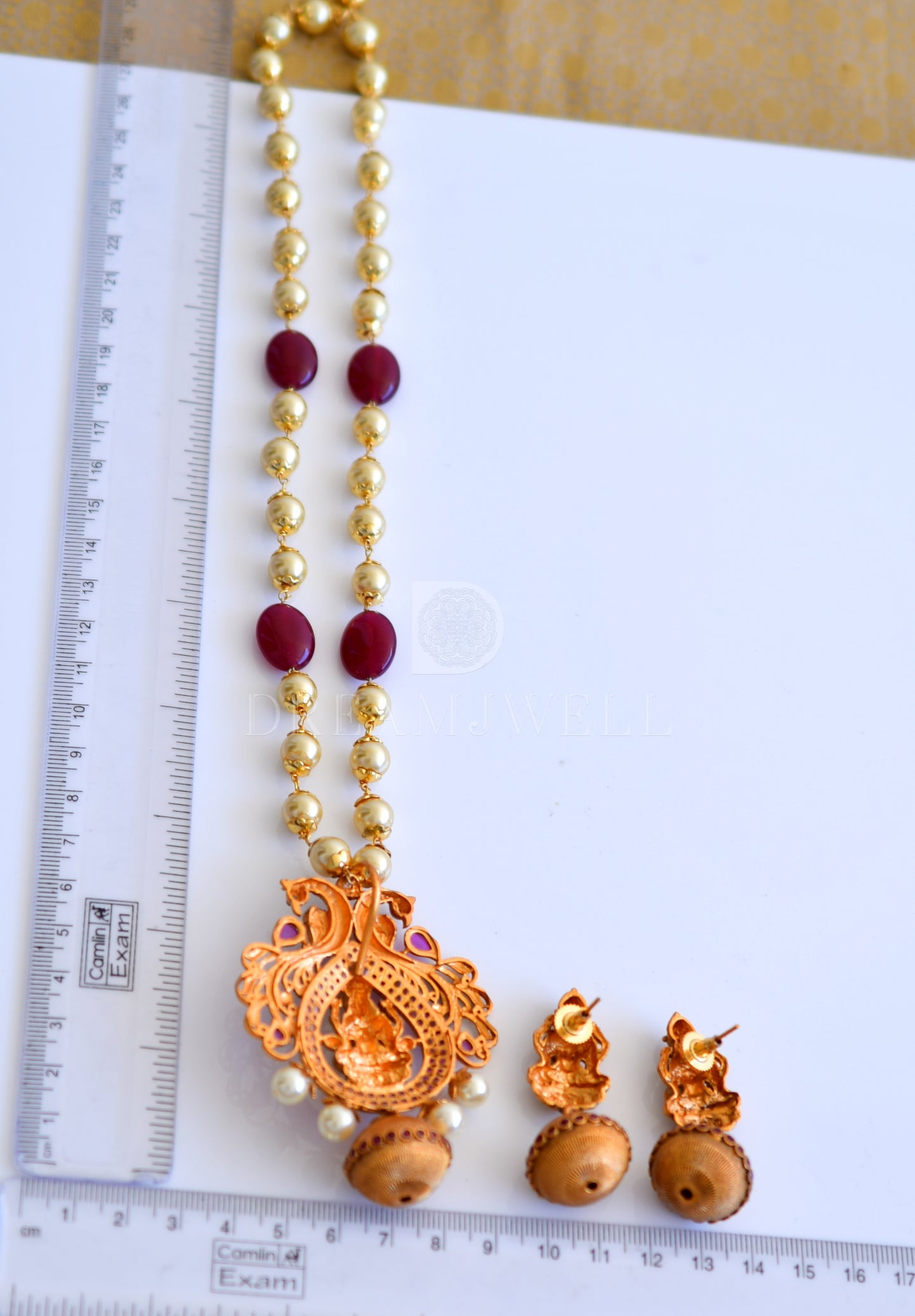 Matte finish ruby lakshmi-peacock pearl necklace set dj-10615