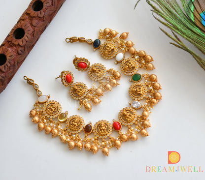 Matte finish navarathna lakshmi designer necklace set dj-34477