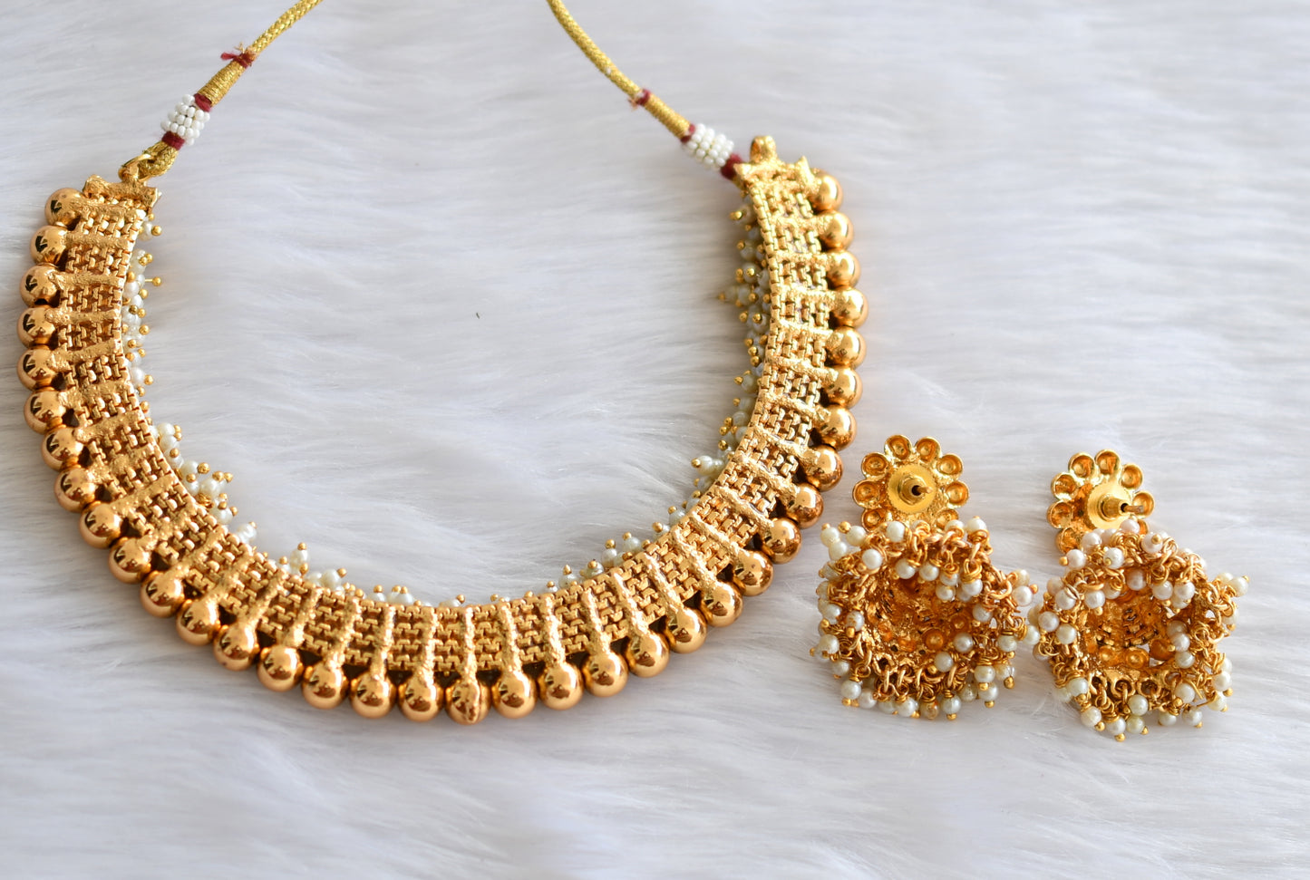 Antique gold tone pearl cluster necklace set dj-34000