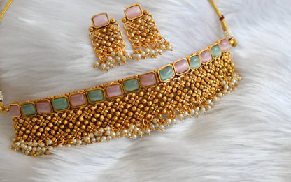 Antique gold tone pearl cluster sea green-baby pink block stone choker necklace set dj-38706