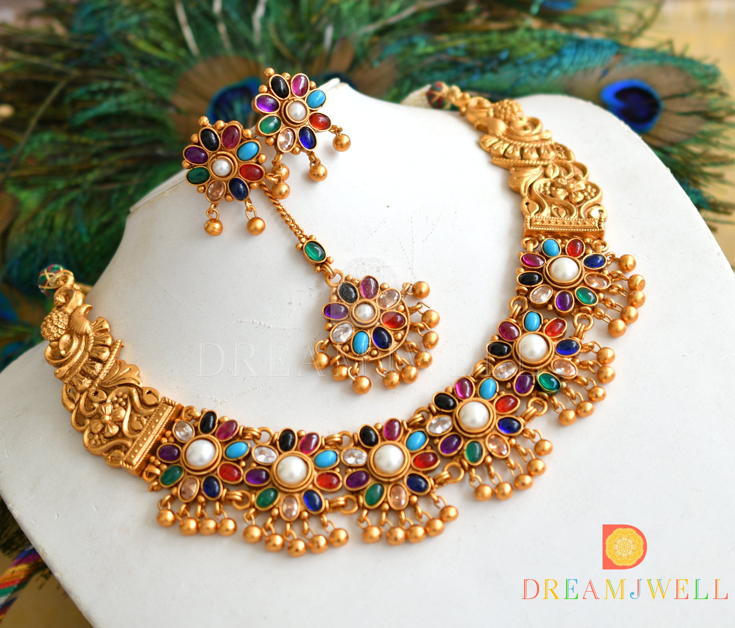 Matte Finish Navarathna Designer Necklace Set dj-23821