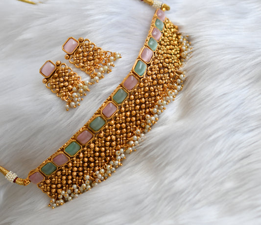 Antique gold tone pearl cluster sea green-baby pink block stone choker necklace set dj-38706