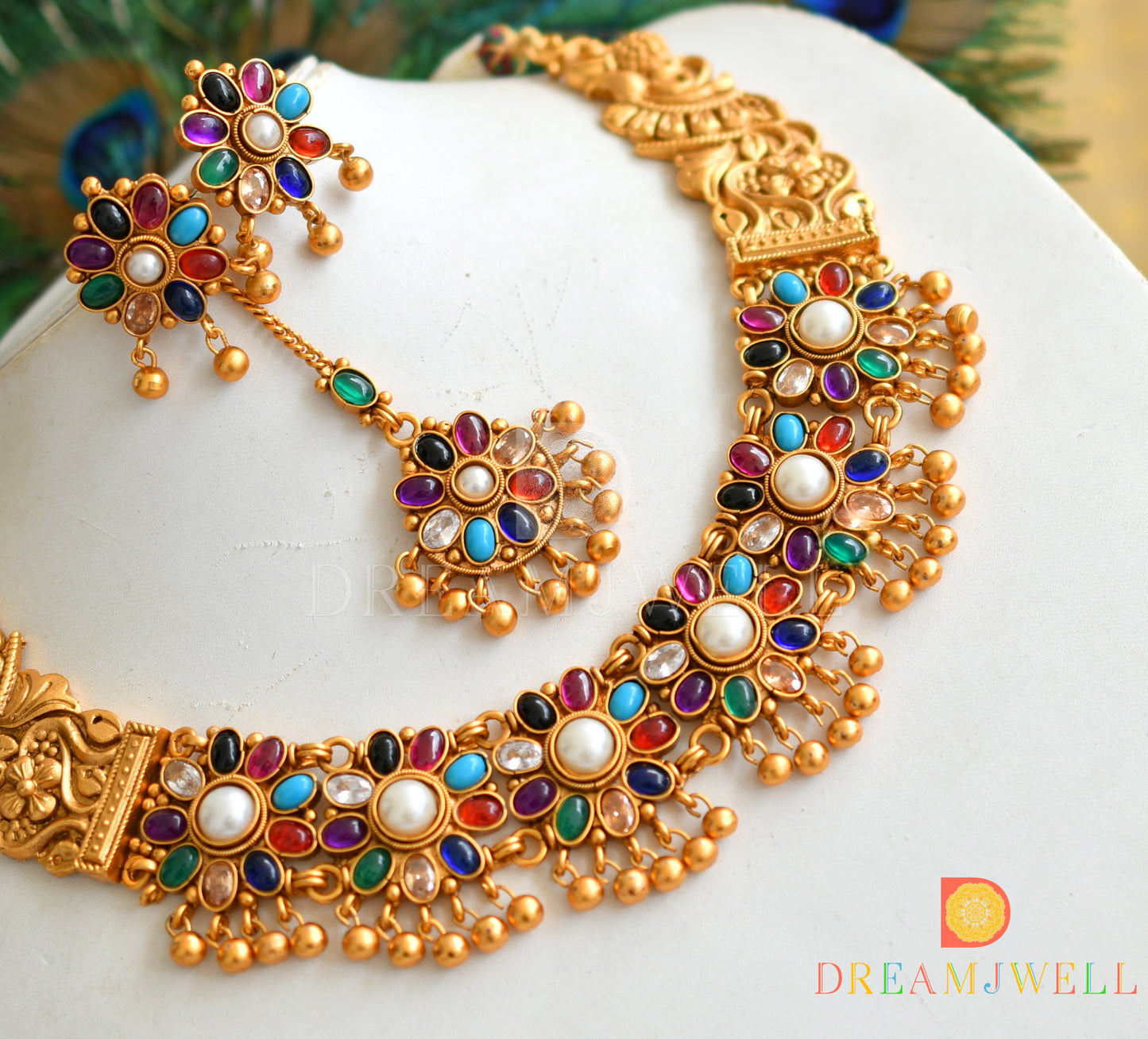 Matte Finish Navarathna Designer Necklace Set dj-23821