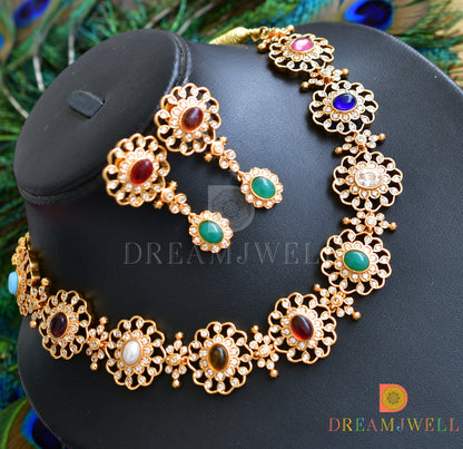 Gold Tone Cz Navarathna Designer Necklace Set dj-32764