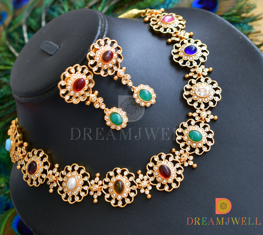 Gold Tone Cz Navarathna Designer Necklace Set dj-32764