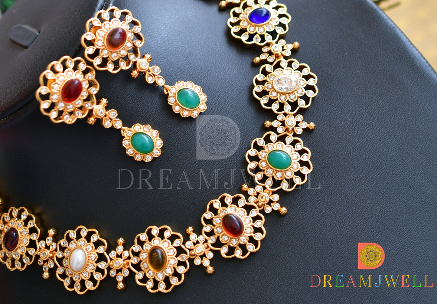 Gold Tone Cz Navarathna Designer Necklace Set dj-32764