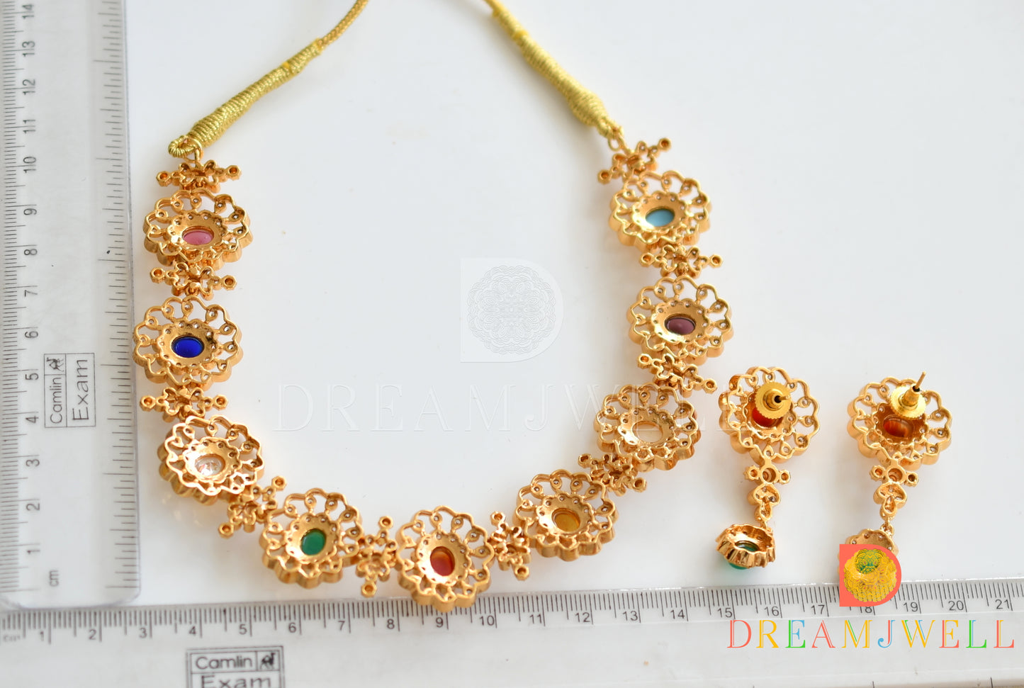 Gold Tone Cz Navarathna Designer Necklace Set dj-32764