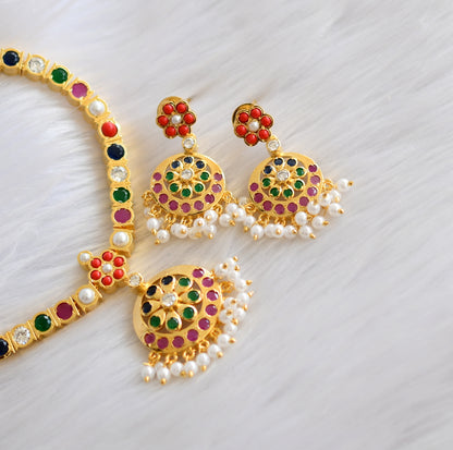 Gold tone navarathna south Indian style attigai/necklace set dj-18305