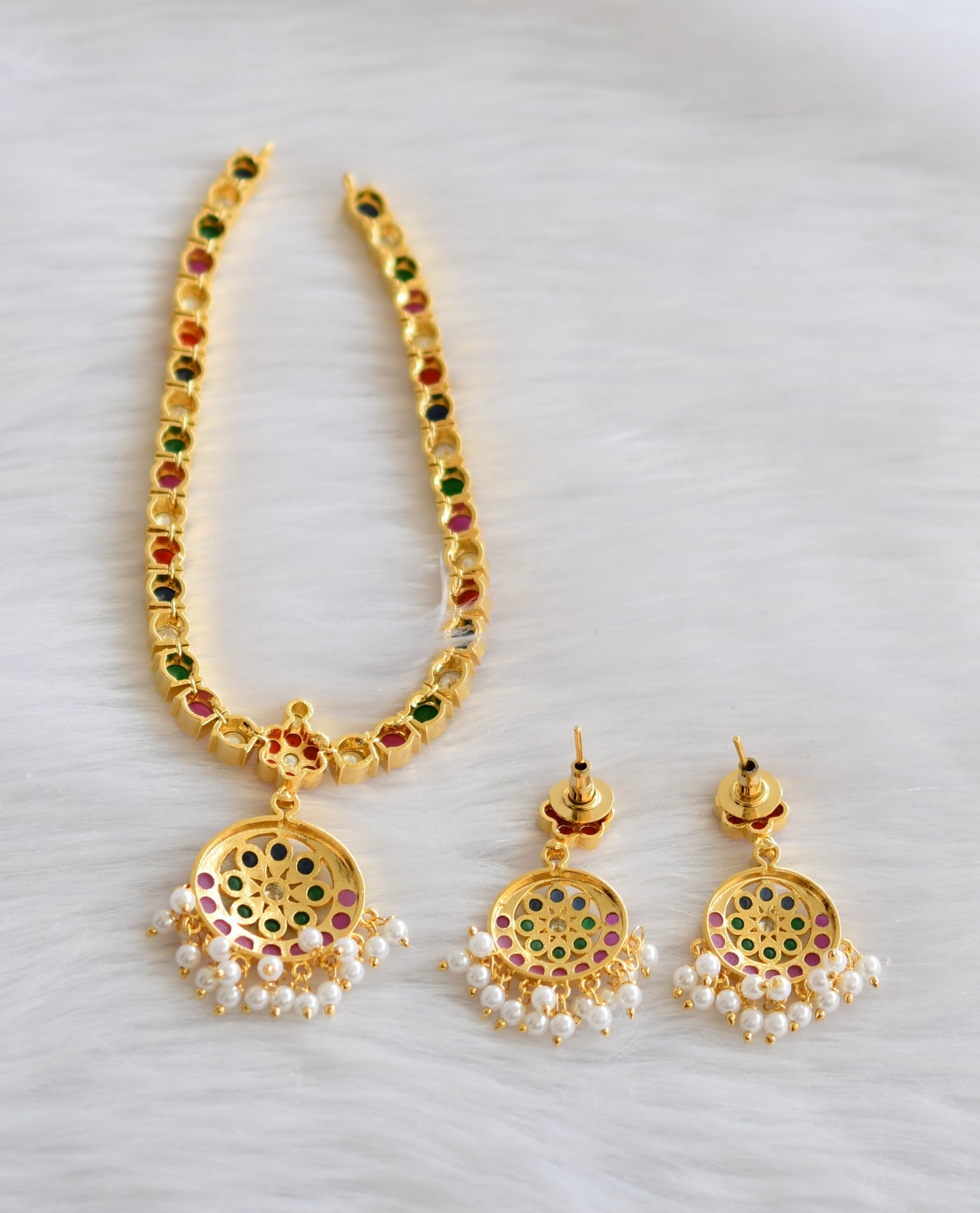 Gold tone navarathna south Indian style attigai/necklace set dj-18305