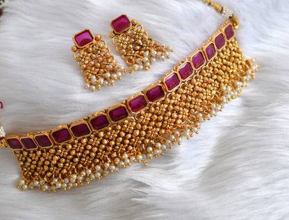 Antique gold tone pearl cluster ruby block stone choker necklace set dj-38710