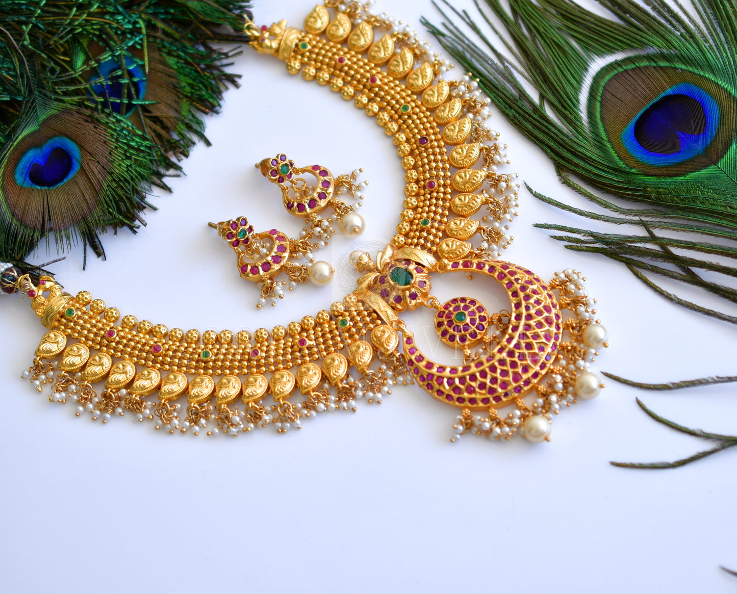 Gold tone ruby-emerald mango bali necklace set dj-10642