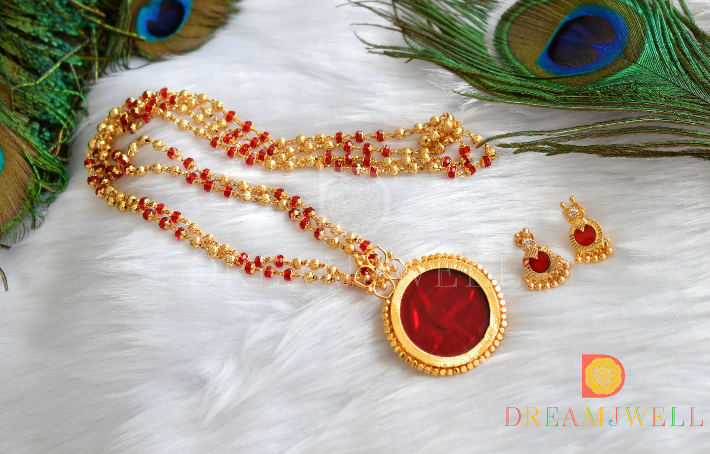 Gold tone red round Kerala style pendant chain with earrings dj-37819