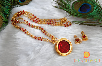 Gold tone red round Kerala style pendant chain with earrings dj-37819