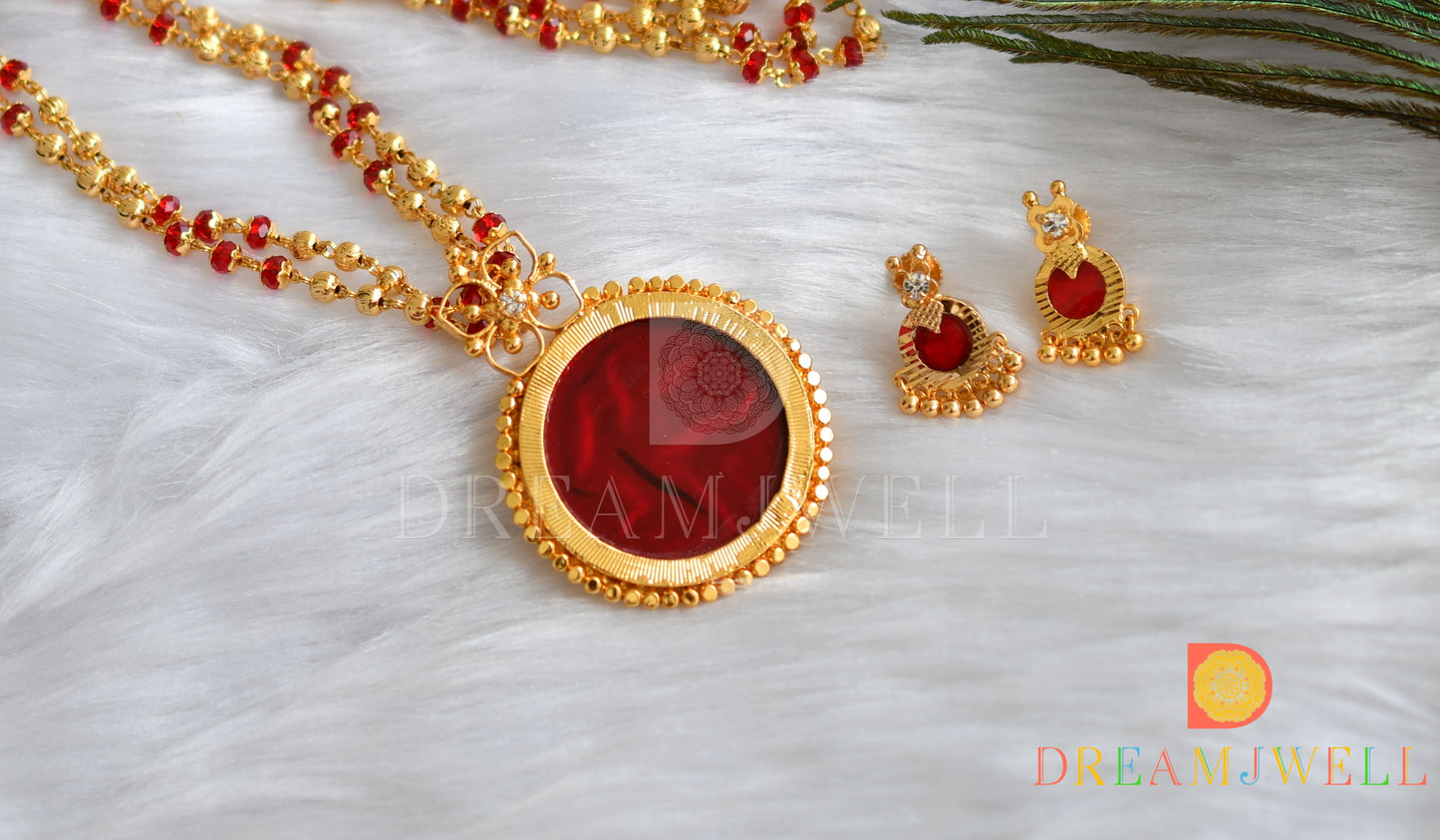 Gold tone red round Kerala style pendant chain with earrings dj-37819