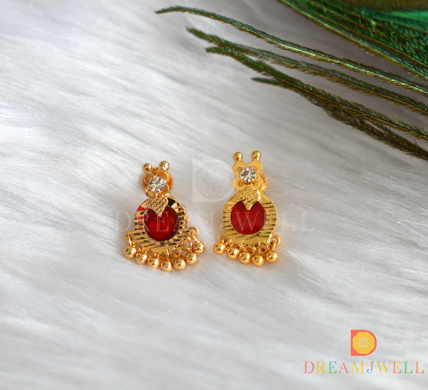 Gold tone red round Kerala style pendant chain with earrings dj-37819