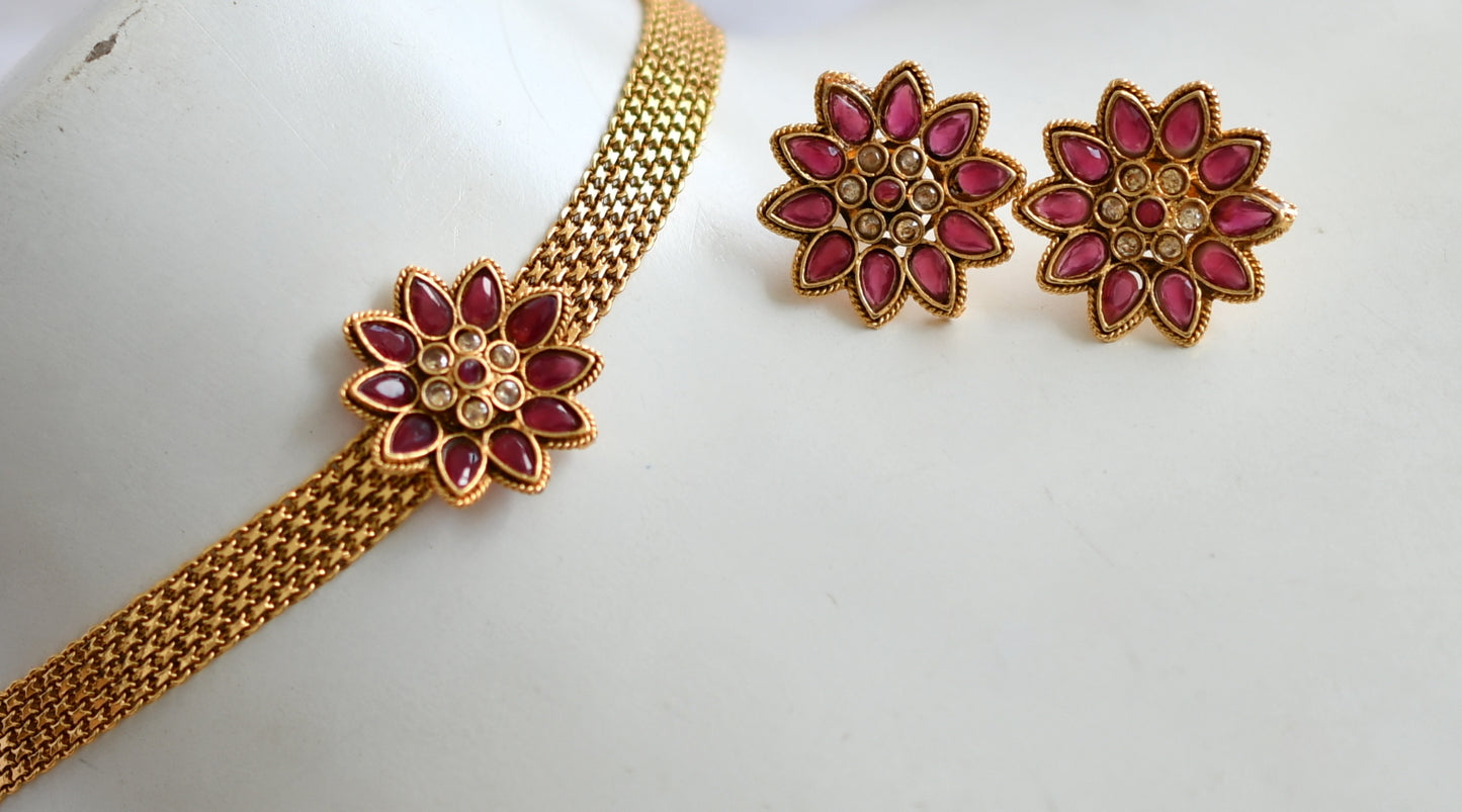 Antique gold tone ruby-gold stone flower choker necklace set dj-38712