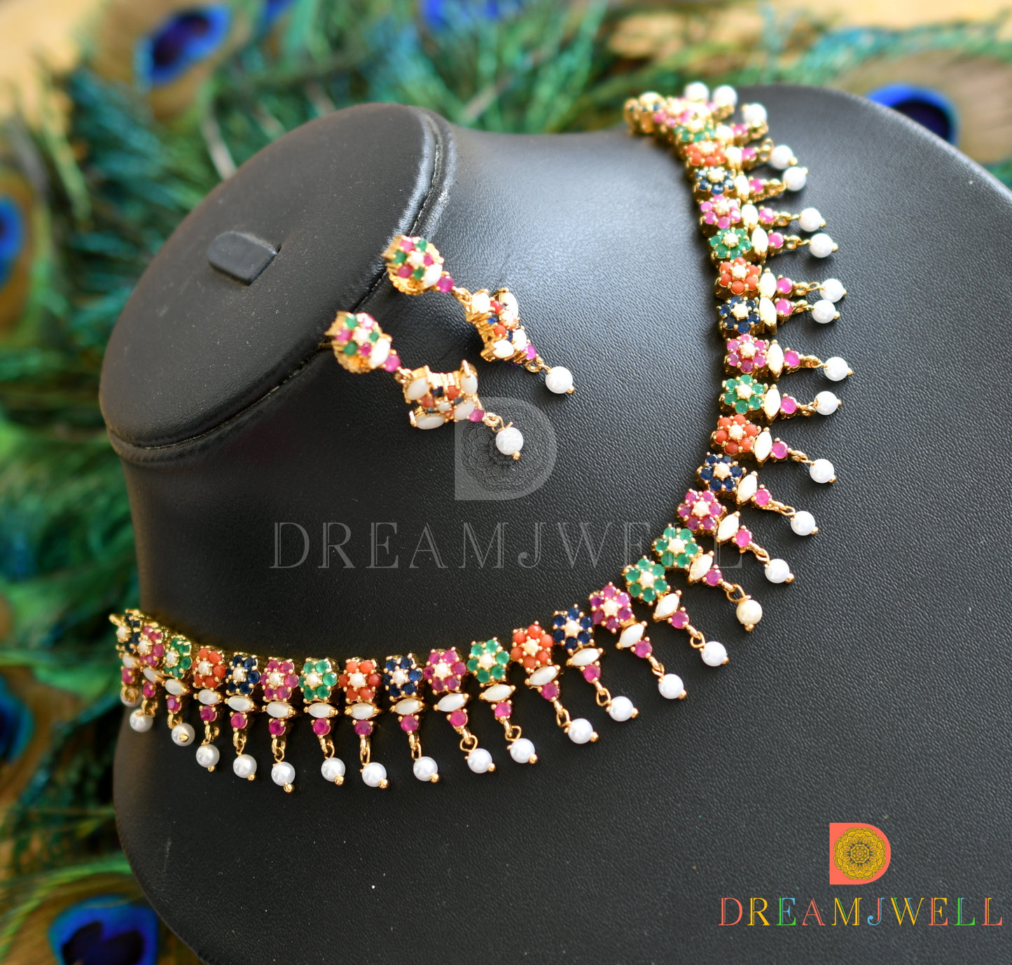 Gold Tone Cz Navarathna pearl nakshatra Necklace Set dj-18320