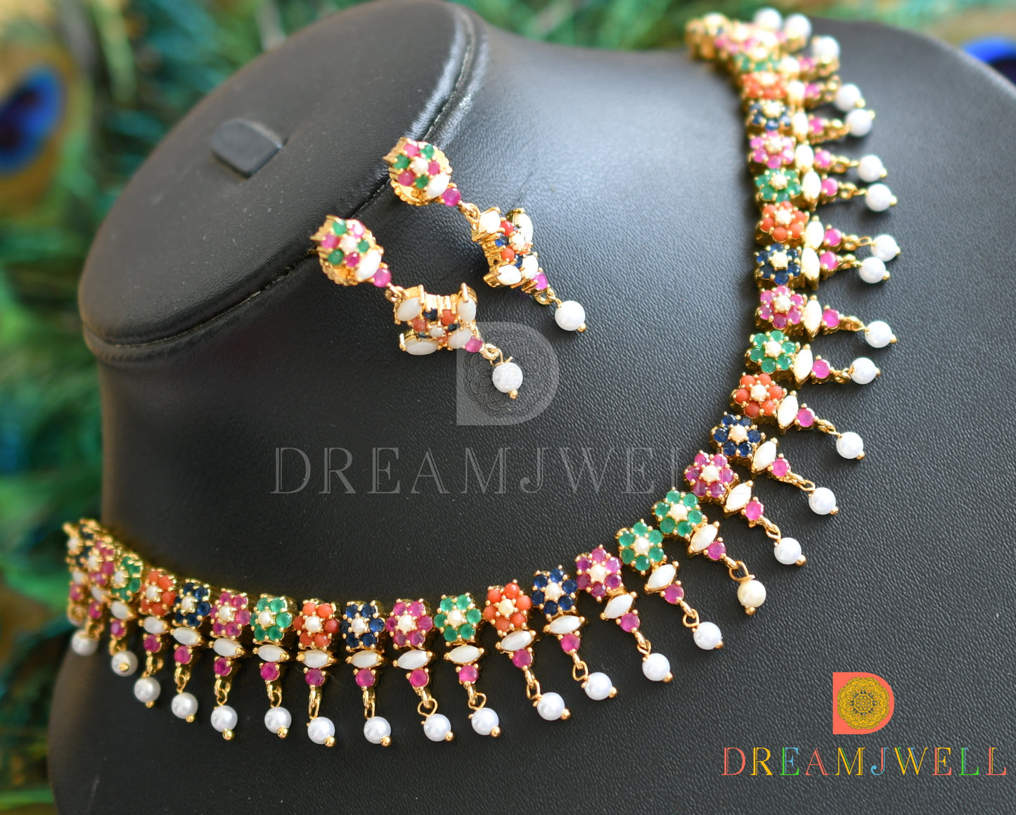 Gold Tone Cz Navarathna pearl nakshatra Necklace Set dj-18320