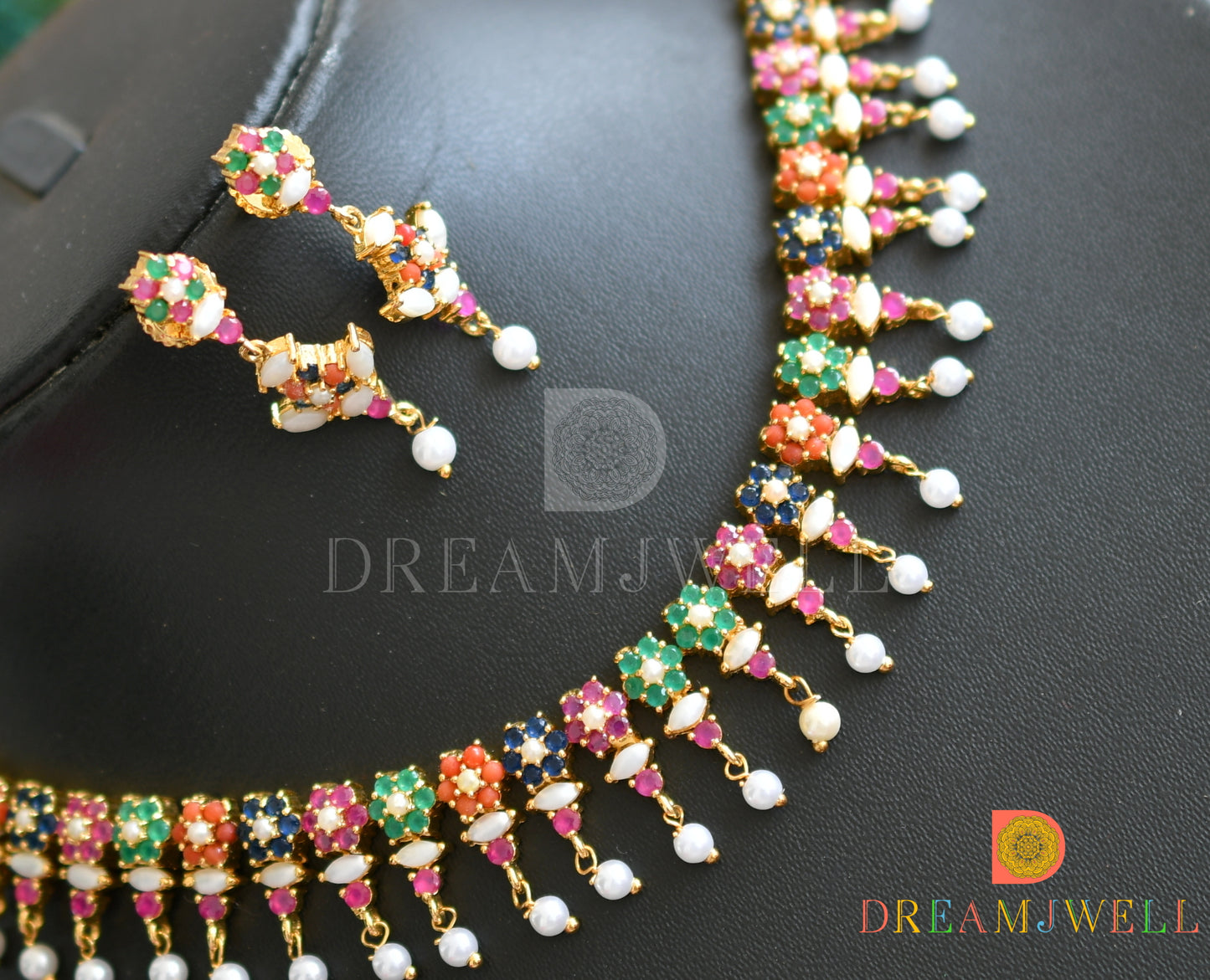 Gold Tone Cz Navarathna pearl nakshatra Necklace Set dj-18320