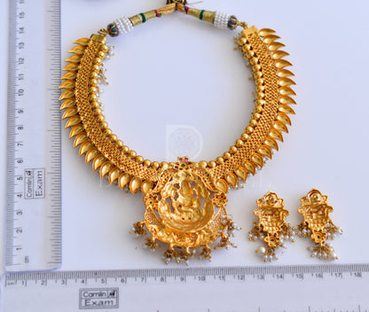 Gold tone ruby-emerald Pearl cluster Lakshmi necklace set dj-10643