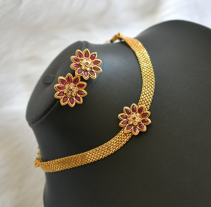 Antique gold tone ruby-gold stone flower choker necklace set dj-38712