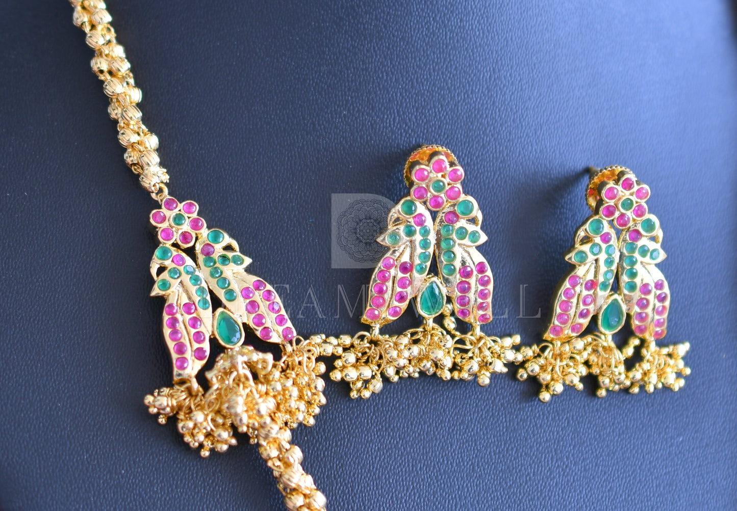 Gold tone ruby emerald mugappu necklace set dj-03237