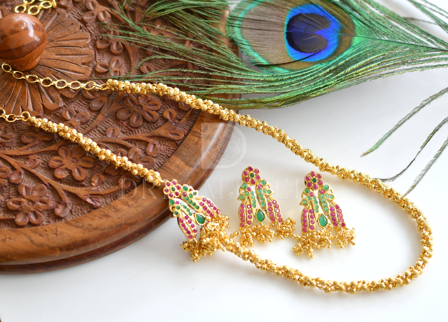 Gold tone ruby emerald mugappu necklace set dj-03237