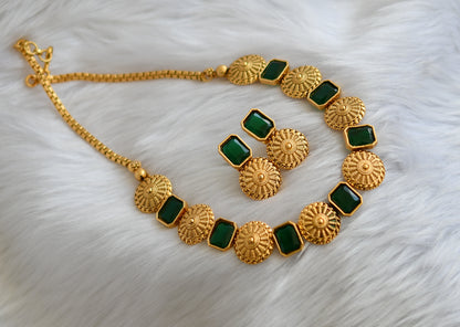 Antique gold tone round green block stone necklace set dj-38679