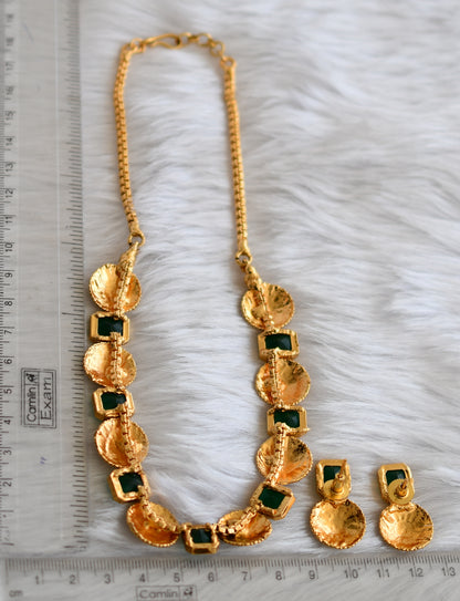 Antique gold tone round green block stone necklace set dj-38679