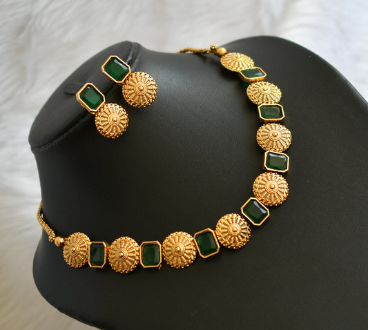 Antique gold tone round green block stone necklace set dj-38679