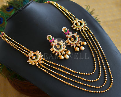 Gold tone multilayer cz ruby-emerald peacock mugappu necklace set dj-08857