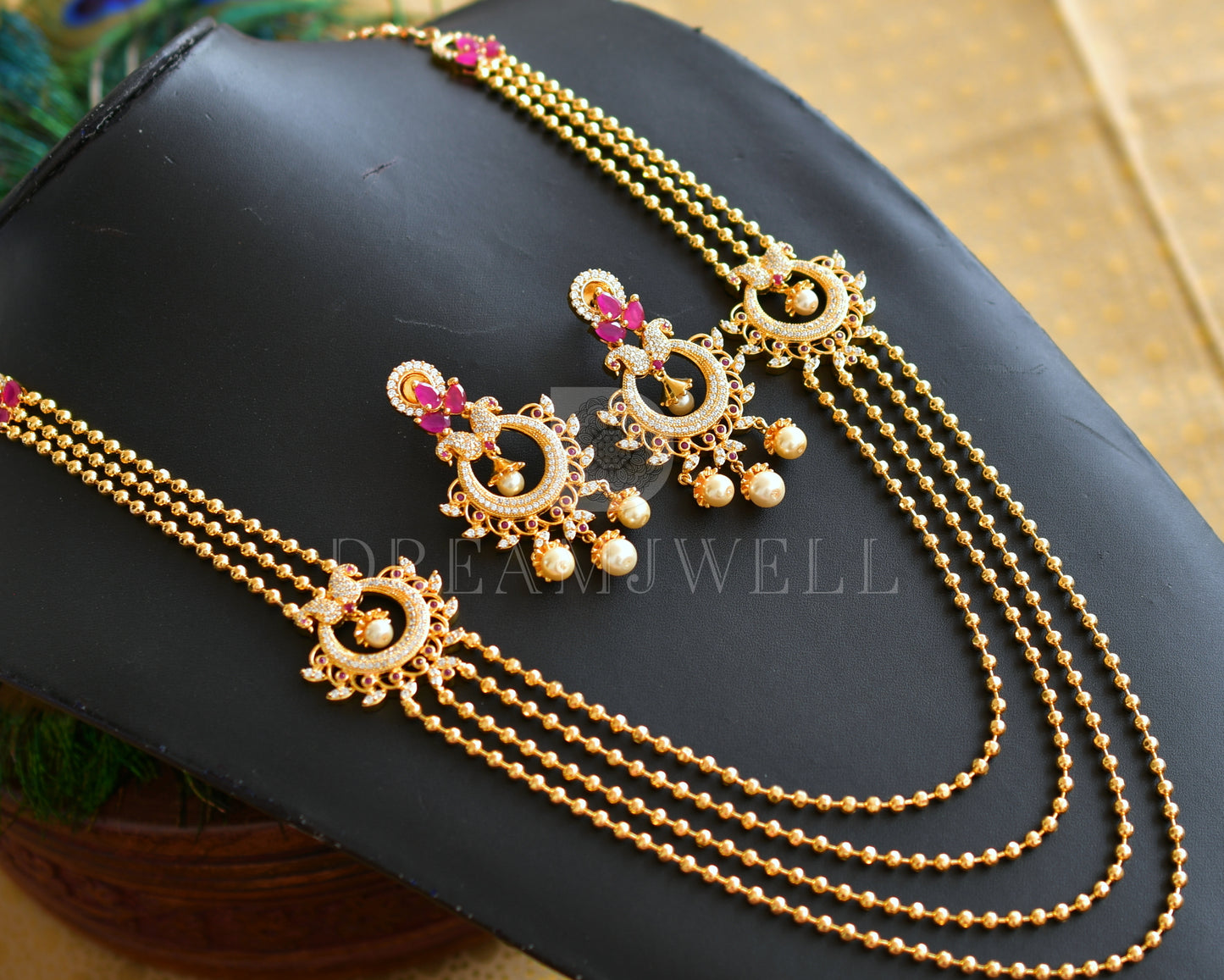 Gold tone multilayer cz ruby peacock mugappu necklace set dj-08856