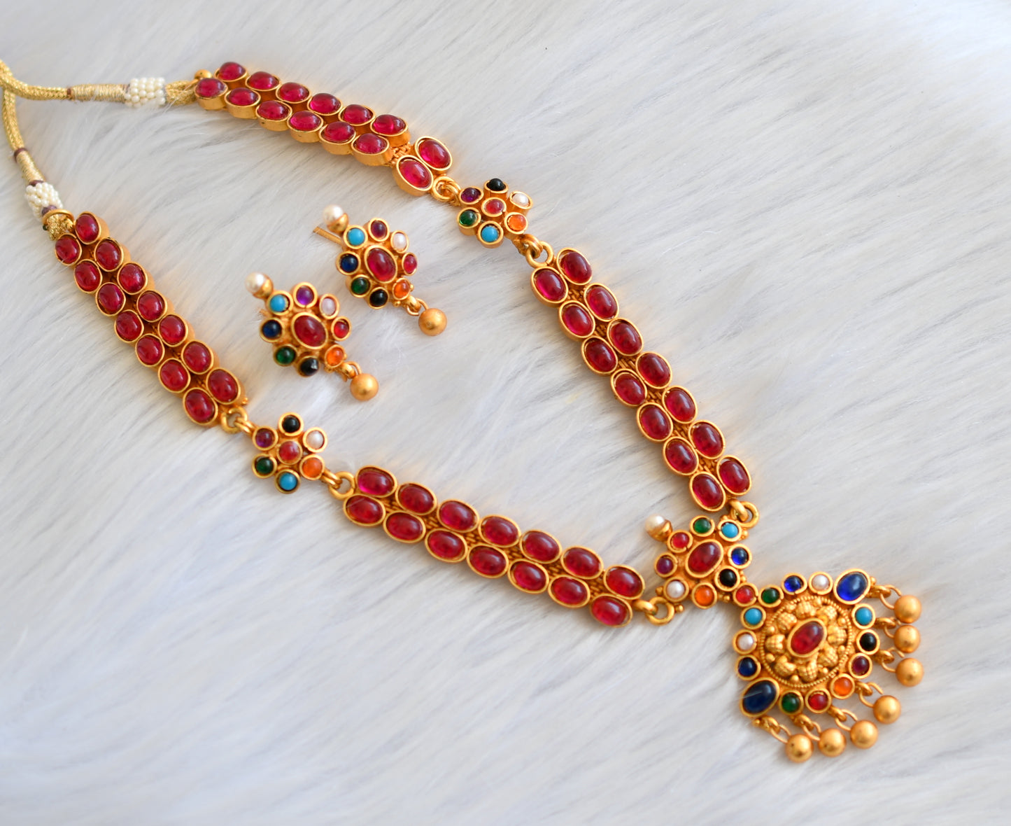 Matte finish navarathna double layer necklace set dj-08667