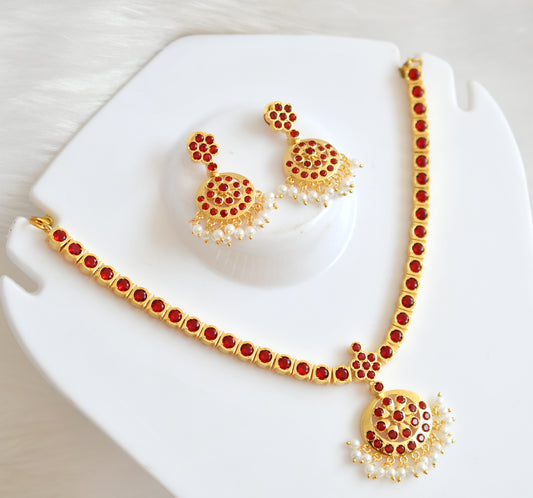 Gold tone Red South Indian style attigai/necklace set dj-28349