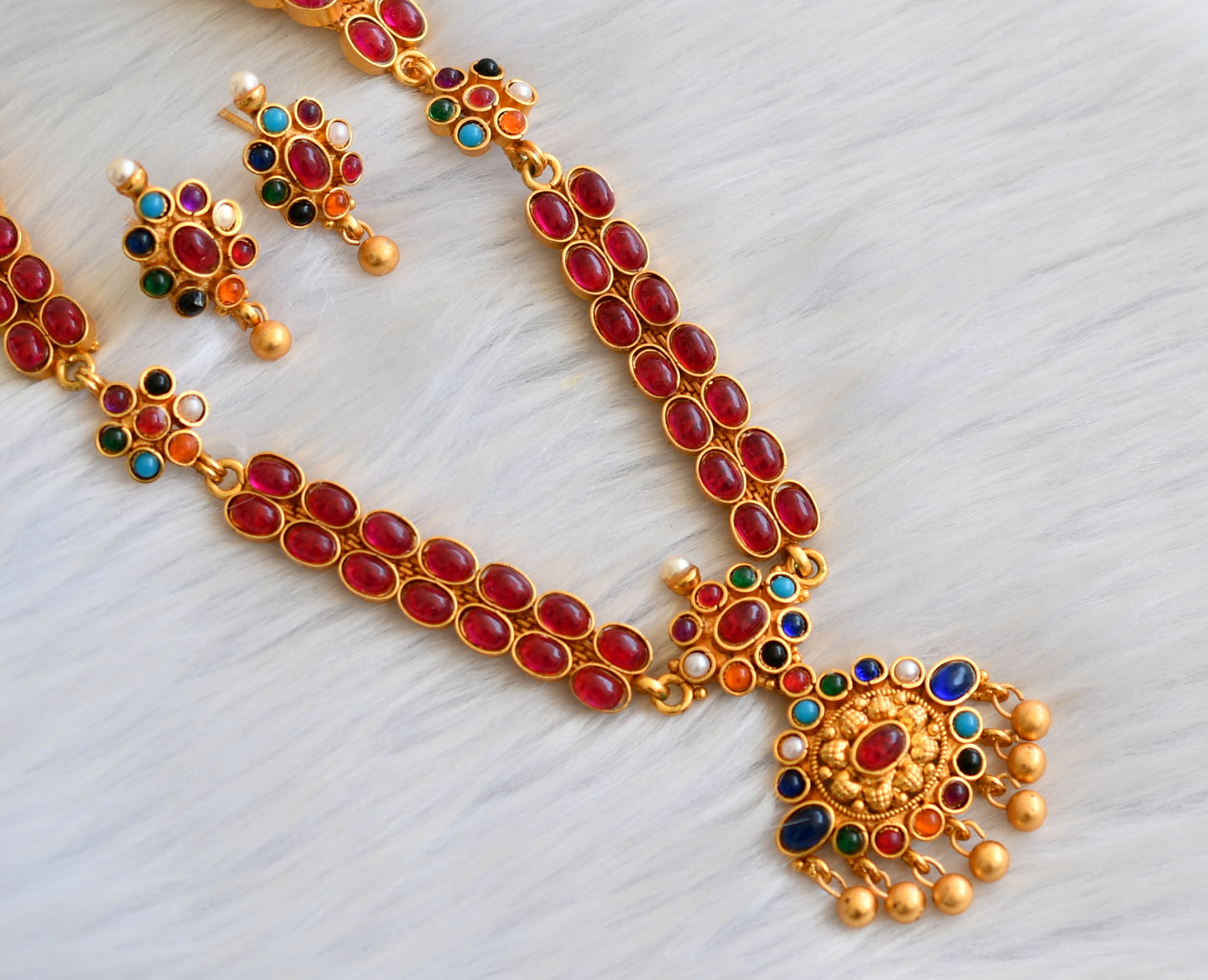 Matte finish navarathna double layer necklace set dj-08667