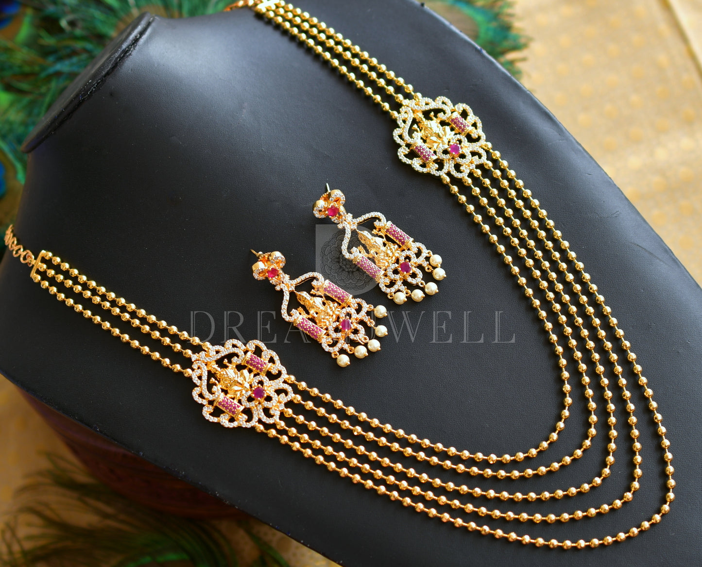 Gold tone multilayer cz ruby lakshmi necklace set dj-08850