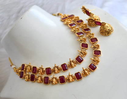 Antique gold tone double layer ruby block stone peacock necklace set dj-38689
