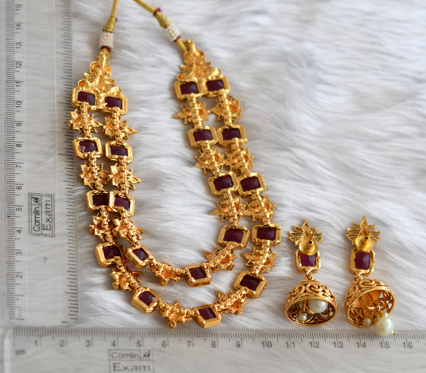 Antique gold tone double layer ruby block stone peacock necklace set dj-38689