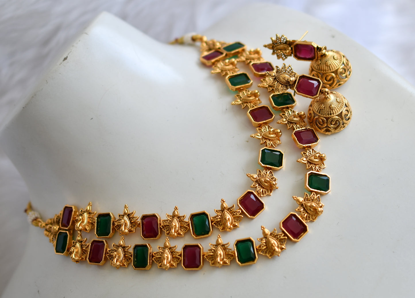 Antique gold tone double layer ruby-green block stone peacock necklace set dj-38690