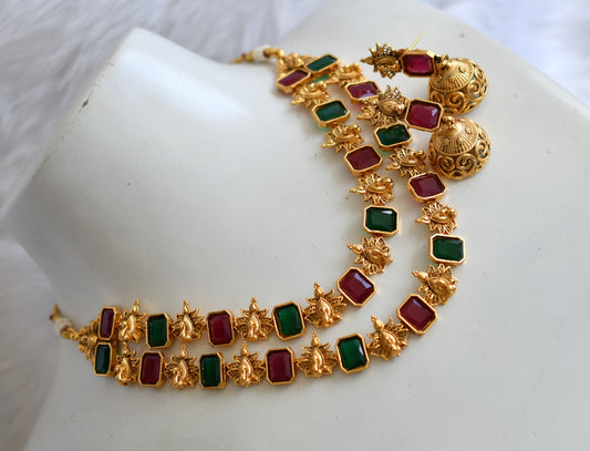 Antique gold tone double layer ruby-green block stone peacock necklace set dj-38690