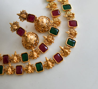 Antique gold tone double layer ruby-green block stone peacock necklace set dj-38690