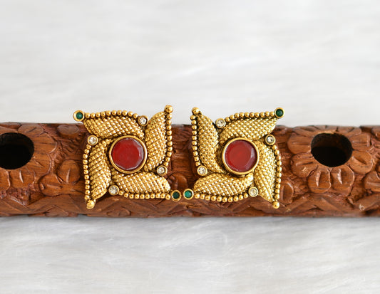 Antique gold tone pink-green swastik stud dj-14967