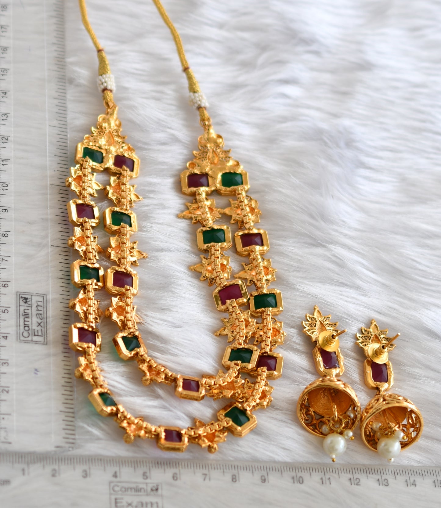 Antique gold tone double layer ruby-green block stone peacock necklace set dj-38690